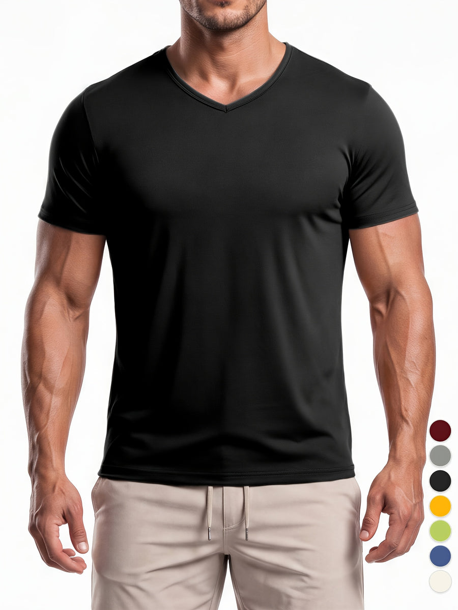 Men's Minimalist Sporty V-Neck Quick-Dry T-Shirt, Lightweight Breathable Moisture-Wicking Polyester Fiber Short-Sleeve Top, Solid Color Slim-Fit Casual Fitness Shirt, Suitable for Fitness, Running, Outdoor, Light Outdoor, and Urban Commuting - Black