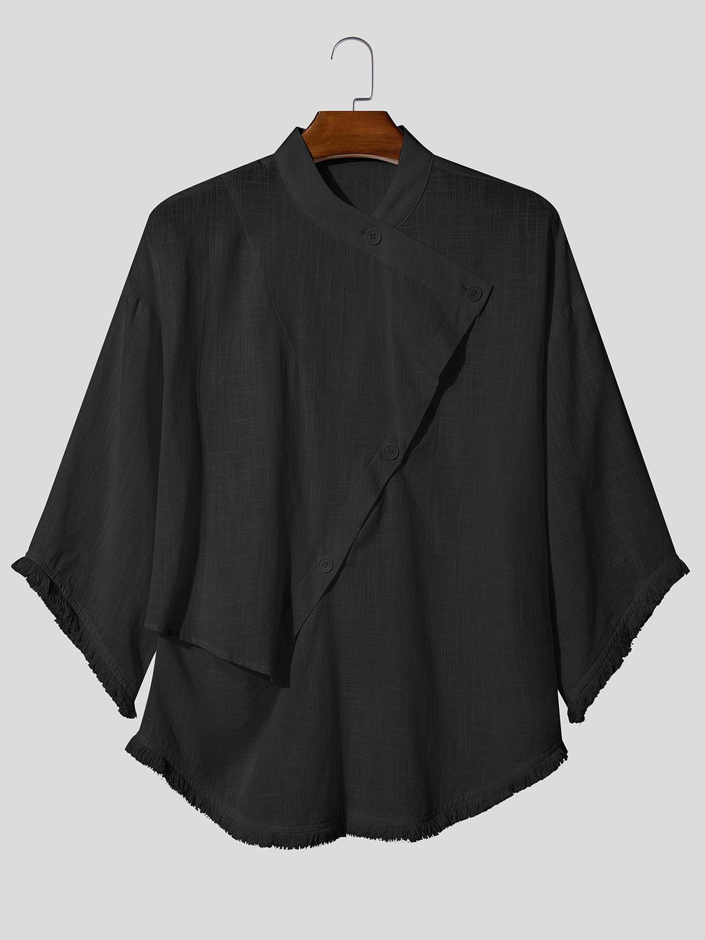 Men Leisure Tops Tassel Decor Stand Collar Half Sleeve Loose Thin Outdoor Street Summer Casual Shirt - Black