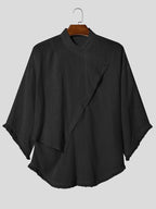 Men Leisure Tops Tassel Decor Stand Collar Half Sleeve Loose Thin Outdoor Street Summer Casual Shirt - Black