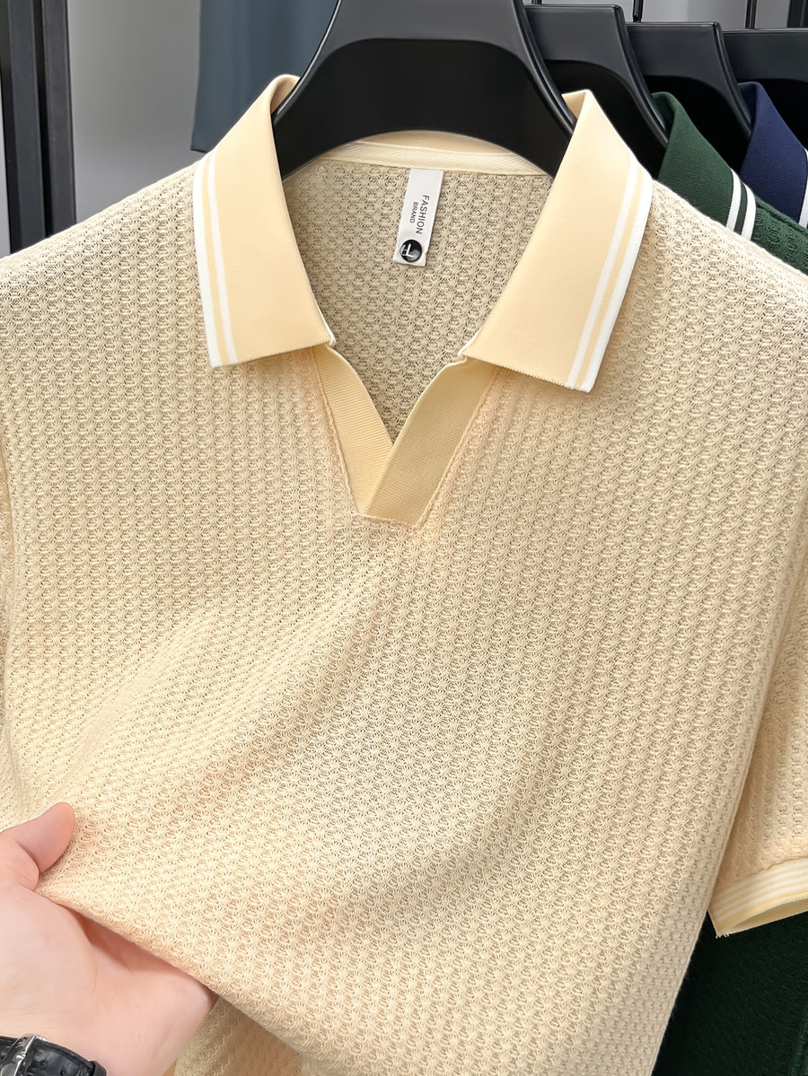 Men'S Scissor Collar Sweater, Summer Short Sleeve Breathable Knit Top, Contrast Striped Collar Design, Casual Knit Top, Summer Thin Breathable V-Neck Short Sleeve T-Shirt, Men'S Top - Khaki