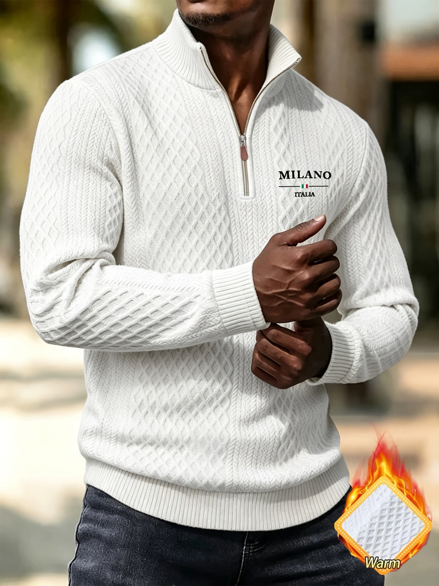 BOWZ Men's Fashion Henley Shirt, Solid Color Half-Zip Knit Top, Autumn/Winter Casual Long-Sleeve T-Shirt, Stylish and Versatile, Warm and Breathable, Suitable for Outdoor Sports and Daily Wear, Random Fabric Texture - White