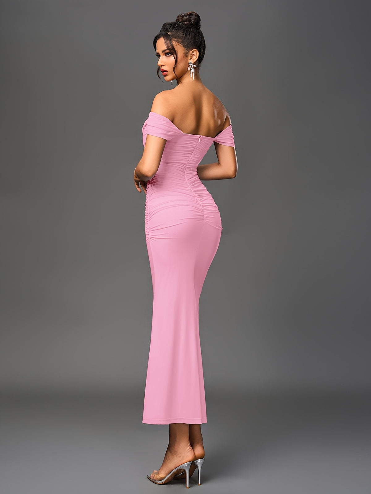 Women's Elegant Off-the-Shoulder mermaid gown - Formal party wedding long dress, Stretchy Bodycon fit, Non-Transparent Party Evening Gown for Women, Formal Attire, Highelasticity Fabric, Special Occasion Dress, High Elasticity Material, Formal Dress - pink color
