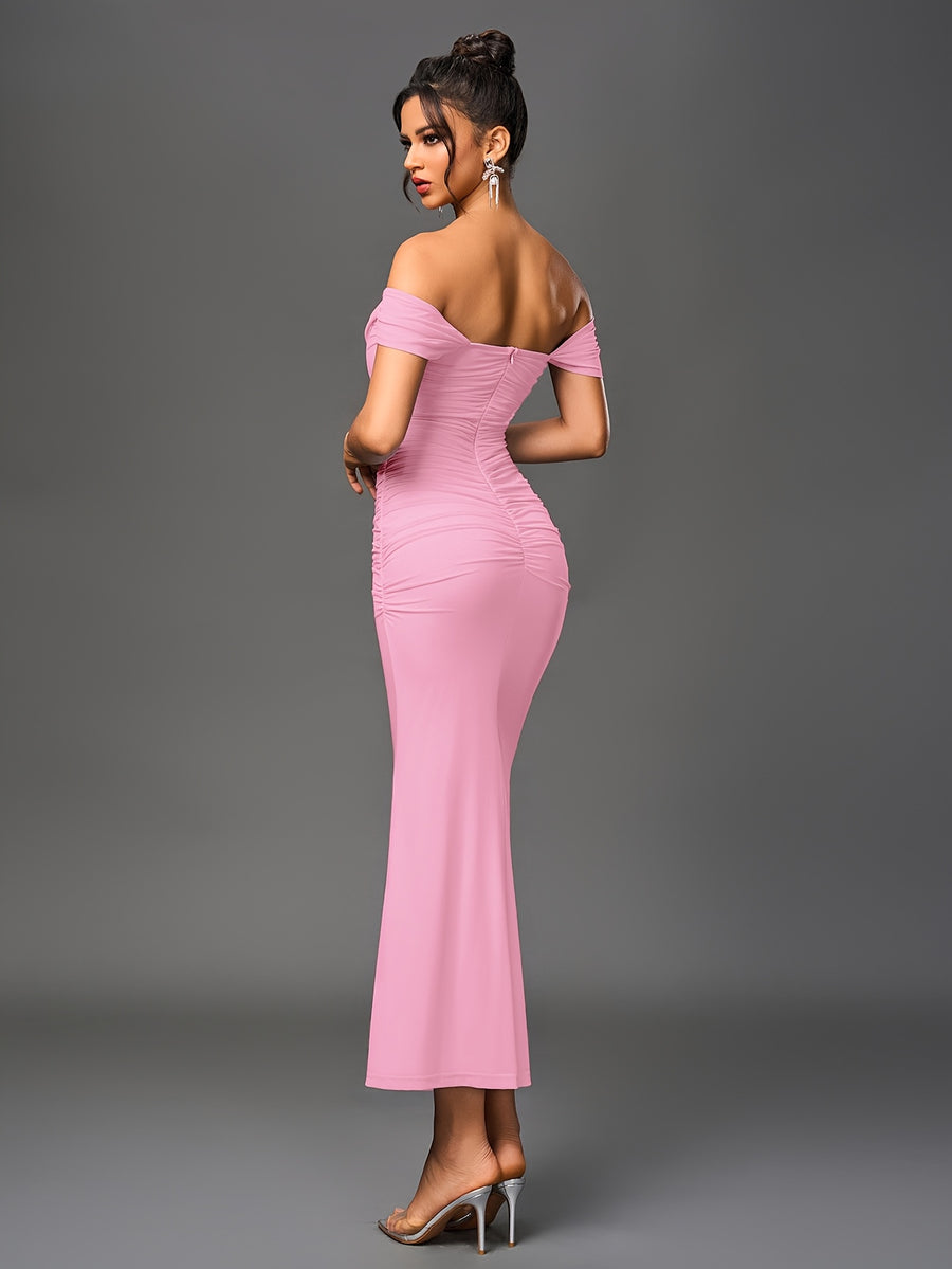 Women's Elegant Off-the-Shoulder mermaid gown - Formal party wedding long dress, Stretchy Bodycon fit, Non-Transparent Party Evening Gown for Women, Formal Attire, Highelasticity Fabric, Special Occasion Dress, High Elasticity Material, Formal Dress - pink color