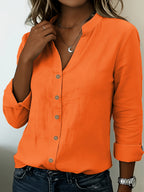 According ToFashionable V-neck Bamboo-joint Style Women's Long-sleeved Shirt - Orange-Red