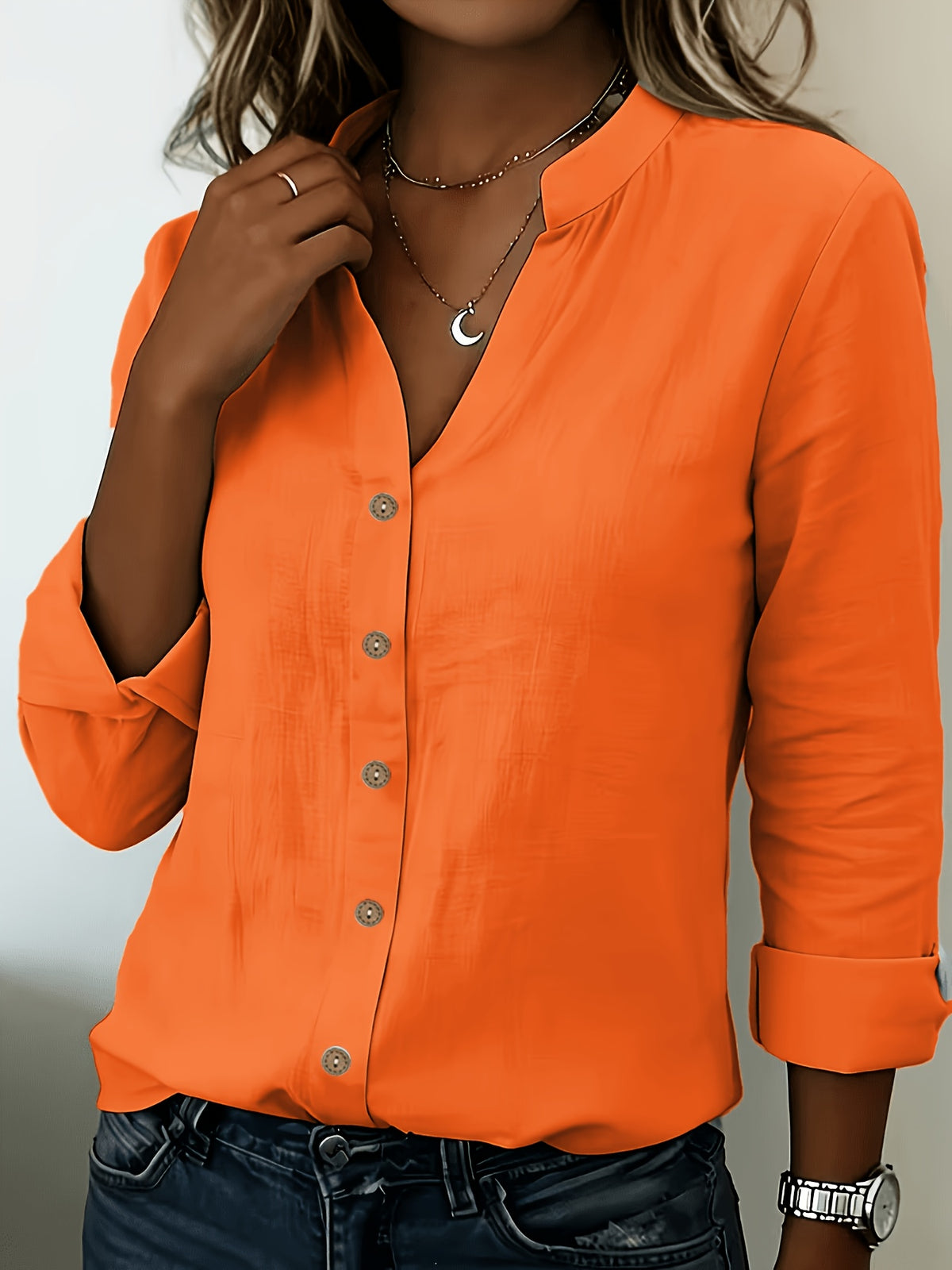 According ToFashionable V-neck Bamboo-joint Style Women's Long-sleeved Shirt - Orange-Red