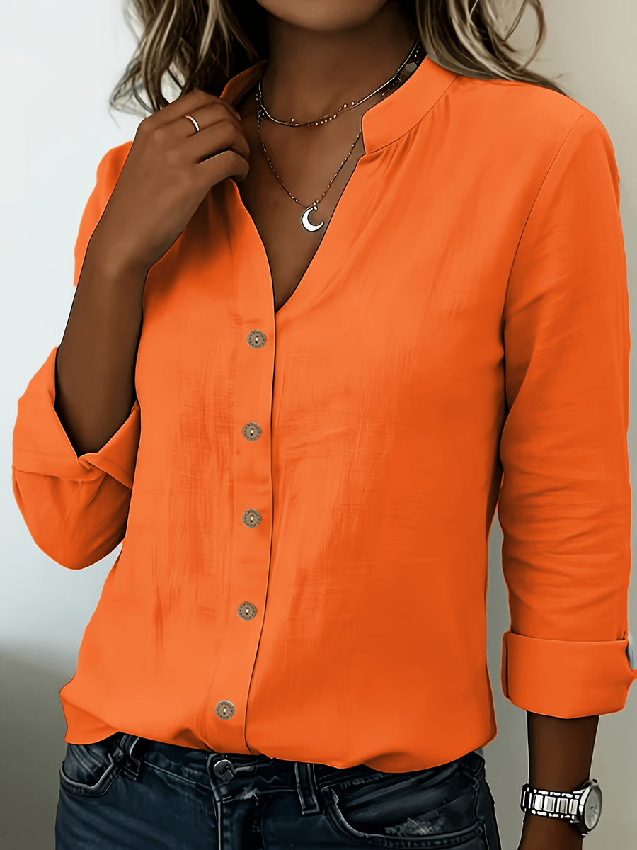According ToFashionable V-neck Bamboo-joint Style Women's Long-sleeved Shirt - Orange-Red