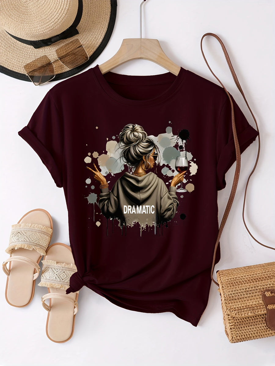 Fashionable Loose-Fitting Versatile Casual Short-Sleeve T-Shirt with Print - Burgundy