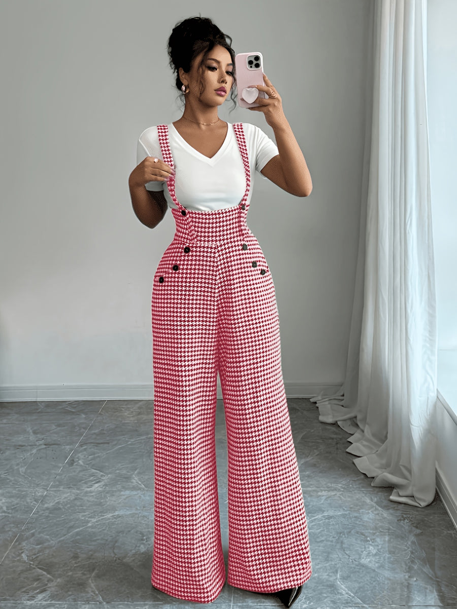 Elegant Women'S Houndstooth Camisole Straight Wide-Leg Suspender Pants, Retro Casual Overalls, All-Season Versatile for Fall And Winter - Pink