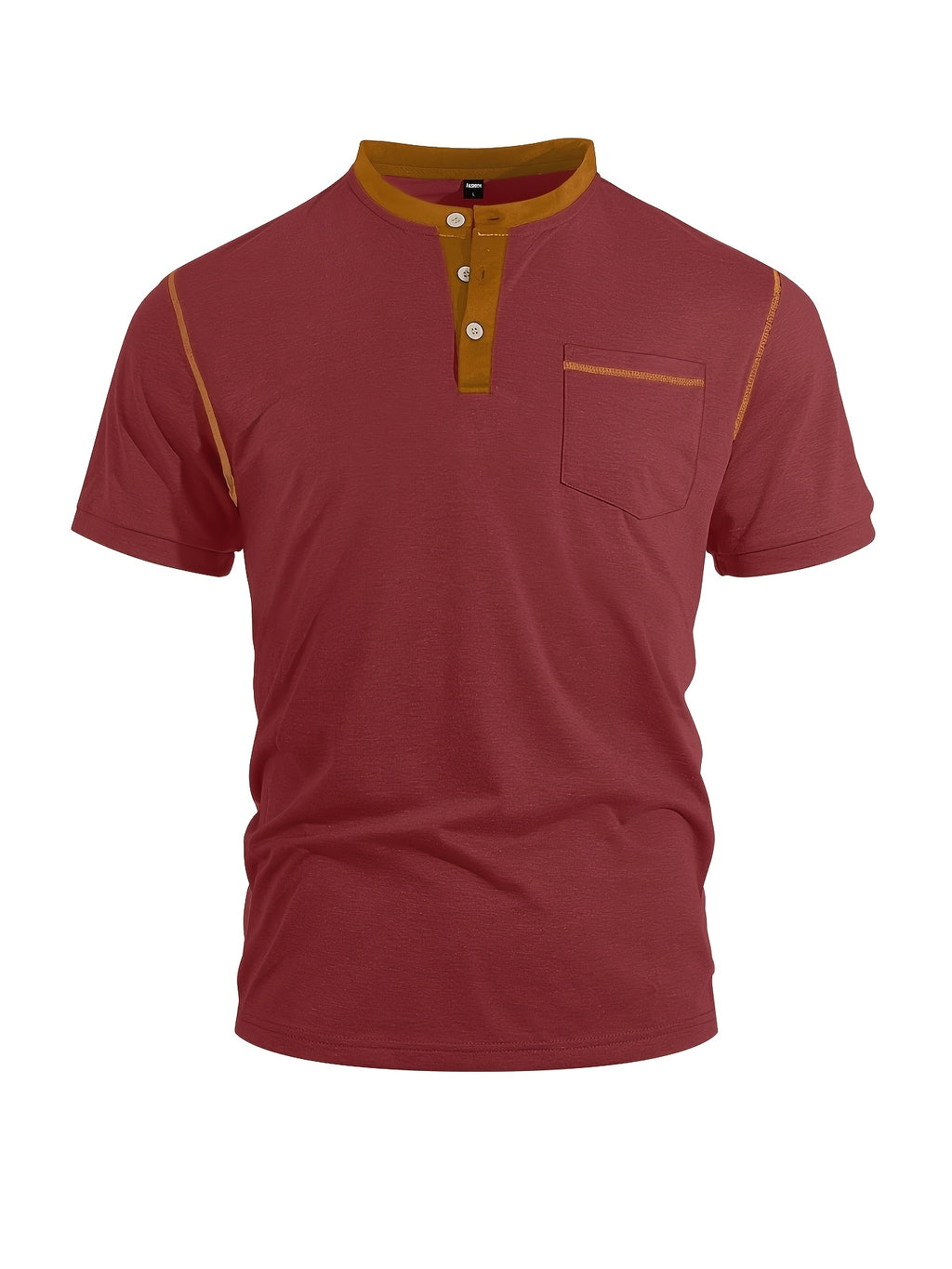 Men'S Spring Summer New Light Luxury Color-Block Henley Collar Short Sleeve T-Shirt, Half-Button 3-Button American Retro Top, High-Stretch Soft And Skin-Friendly Fabric, Breathable And Comfortable - Burgundy