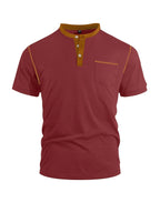 Men'S Spring Summer New Light Luxury Color-Block Henley Collar Short Sleeve T-Shirt, Half-Button 3-Button American Retro Top, High-Stretch Soft And Skin-Friendly Fabric, Breathable And Comfortable - Burgundy