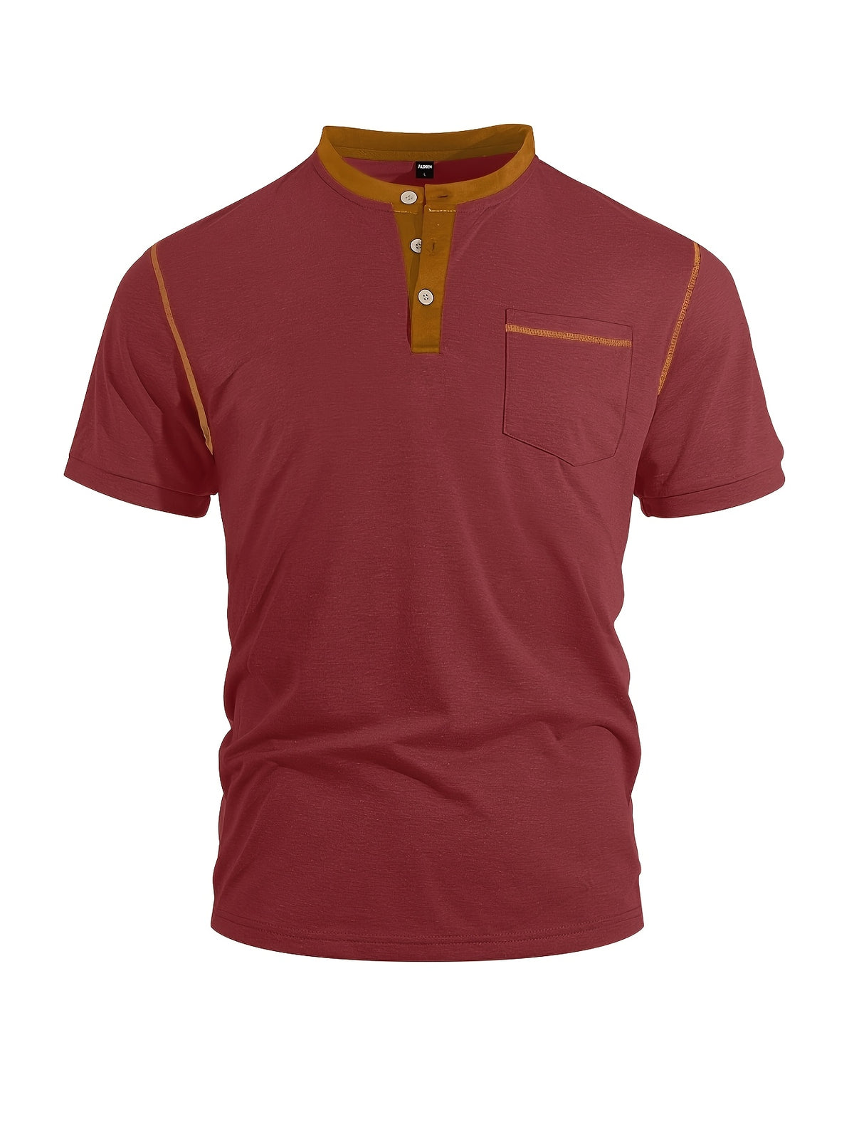 Men'S Spring Summer New Light Luxury Color-Block Henley Collar Short Sleeve T-Shirt, Half-Button 3-Button American Retro Top, High-Stretch Soft And Skin-Friendly Fabric, Breathable And Comfortable - Burgundy