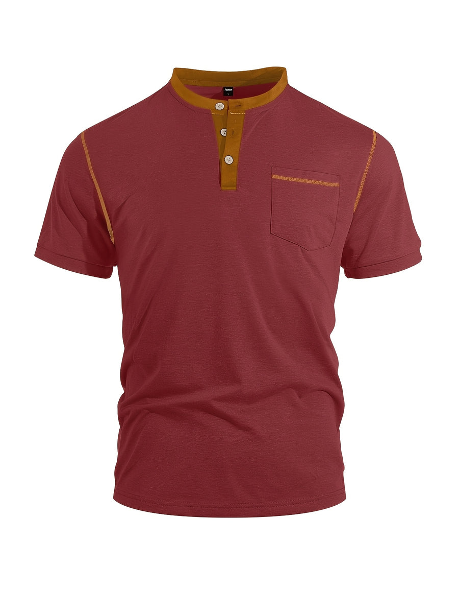 Men'S Spring Summer New Light Luxury Color-Block Henley Collar Short Sleeve T-Shirt, Half-Button 3-Button American Retro Top, High-Stretch Soft And Skin-Friendly Fabric, Breathable And Comfortable - Burgundy