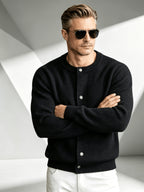 2026 New Fashionable Business Mature Casual Men's Crew Neck Single-Breasted Knit Cardigan, Ribbed Cuffs and Hem Loose Long-Sleeve Knit Outerwear, Suitable for Daily, Office, and Weekend Outings in Autumn and Winter - Black
