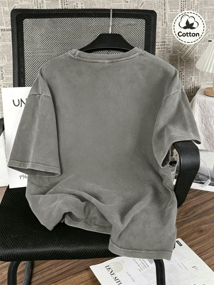 Vintage Washed Distressed Print Men'S Short-Sleeve Top, Soft Pure Loose T-Shirt, Breathable Casual Clothing for Outdoor Trip Summer And Early Autumn - Grey