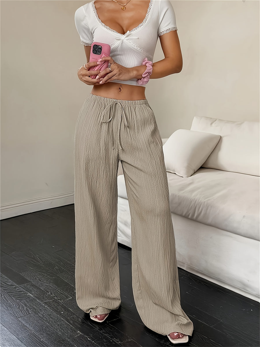 Women's Fashion Casual Khaki Solid Color Elegant Faux Drawstring Straight-Leg Pants - Spring, Summer, and Autumn Solid Color Machine-Washable Trousers, Versatile for Casual and Formal Wear, Faux Drawstring Design, Comfortable and Versatile Style - Khaki