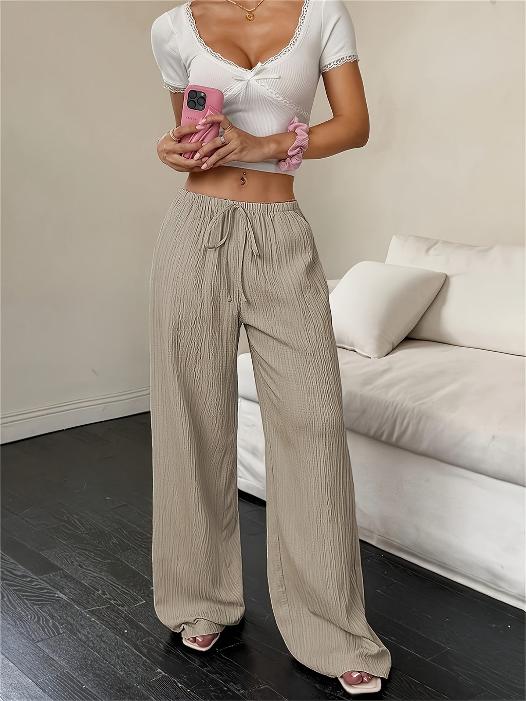 Women's Fashion Casual Khaki Solid Color Elegant Faux Drawstring Straight-Leg Pants - Spring, Summer, and Autumn Solid Color Machine-Washable Trousers, Versatile for Casual and Formal Wear, Faux Drawstring Design, Comfortable and Versatile Style - Khaki