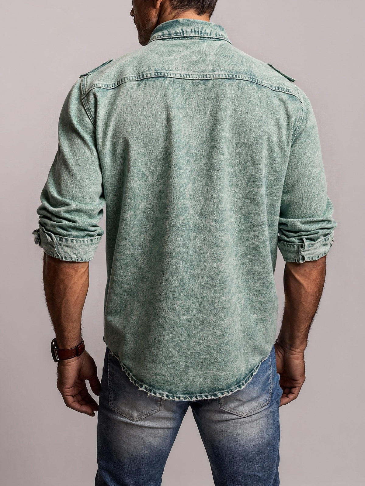 Men'S Retro Denim Shirt, Long-Sleeve Fashion New Arrival, Casual Premium Feel, Double Pockets, Washed Denim Shirt with Lapel Collar, Classic Blue Versatile Top, Handcrafted Popular Denim Shirt for Men - Powder blue
