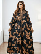 New Fashionable Loose-fit Embroidered Printed Robe with Heavy Embroidery and Rhinestone Embellishments on the Front Placket. A Long Evening Gown for Banquets and Festivals, the Pearlescent Fabric Enhances the Dress's Texture, Making It Ideal - Black