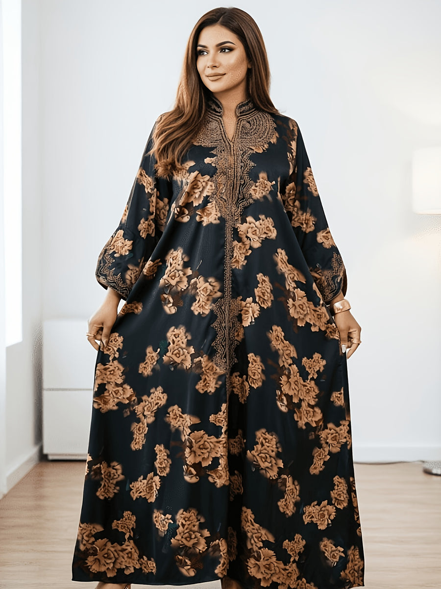 New Fashionable Loose-fit Embroidered Printed Robe with Heavy Embroidery and Rhinestone Embellishments on the Front Placket. A Long Evening Gown for Banquets and Festivals, the Pearlescent Fabric Enhances the Dress's Texture, Making It Ideal - Black