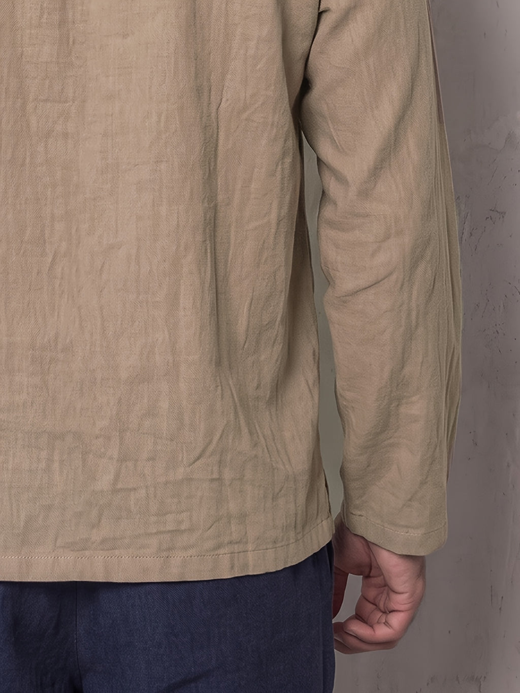 Men'S Asymmetrical Lapel Henley Long Sleeve Shirt, Stand Collar Button-Up Retro Casual Commute Top, Men'S Henley Shirt - Khaki