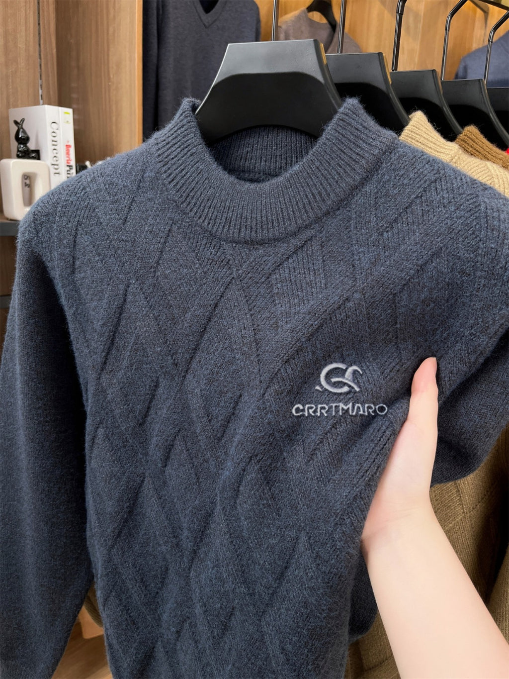 ZBZP Autumn Winter Knit 3D Solid Mid-High Neck Sweater, Basic Knit Pullover Top for Men, Fashion Long Sleeve Sweater SYD - Grey