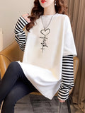 Pure 2-in-1 Look Long Sleeve T-Shirt Base Layer, Crew Neck Pure Long Sleeve T-Shirt for Women, Simple and Fun Cartoon Character Print, Versatile for Autumn/Winter, White Base Layer, Inner Base Layer #T59 - White