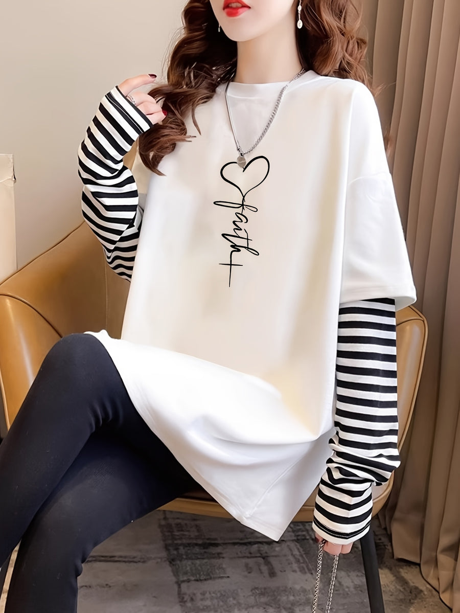 Pure 2-in-1 Look Long Sleeve T-Shirt Base Layer, Crew Neck Pure Long Sleeve T-Shirt for Women, Simple and Fun Cartoon Character Print, Versatile for Autumn/Winter, White Base Layer, Inner Base Layer #T59 - White