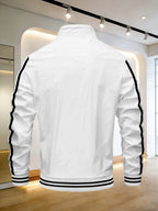Men's Spring/Autumn Stand Collar Baseball Jacket with "BLACK" Lettering and Diamond Pattern Print, Zipper Front with Contrast Stripes, Lightweight Casual Windproof Sports Jacket - White