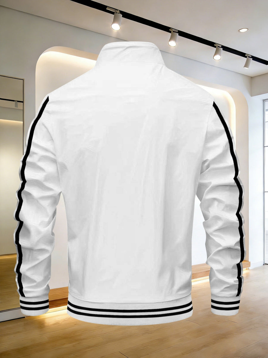 Men's Spring/Autumn Stand Collar Baseball Jacket with "BLACK" Lettering and Diamond Pattern Print, Zipper Front with Contrast Stripes, Lightweight Casual Windproof Sports Jacket - White