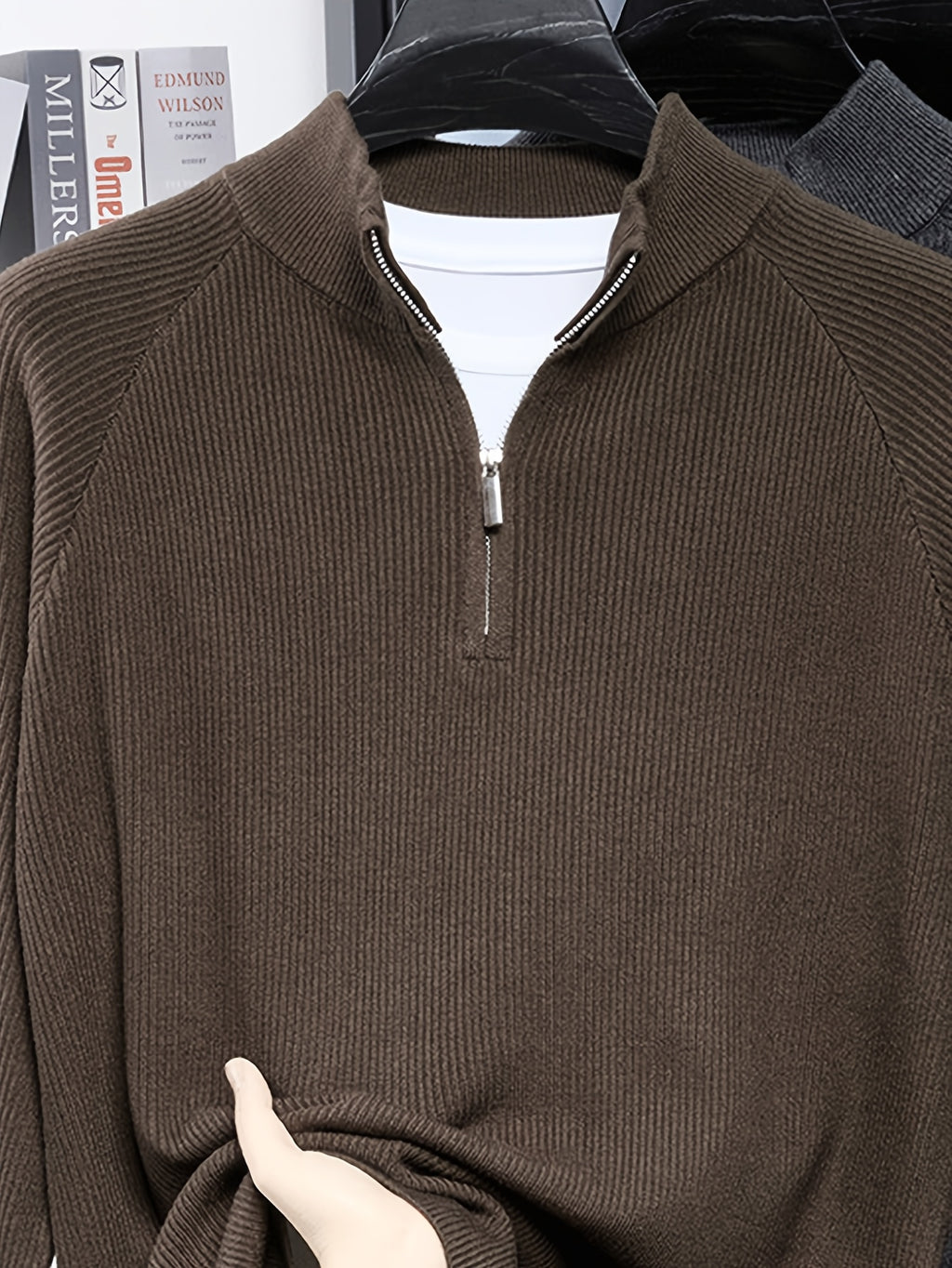 SINBOS Men's Half-Zip Stand Collar Sweater - Low-Saturation Earth Tones, Soft Ribbed Knit Zippered Cardigan, Stand Collar & Half-Zip Front Suitable for Business Casual & Minimalist Winter Wear, Autumn Winter Layering Piece - Coffee Color