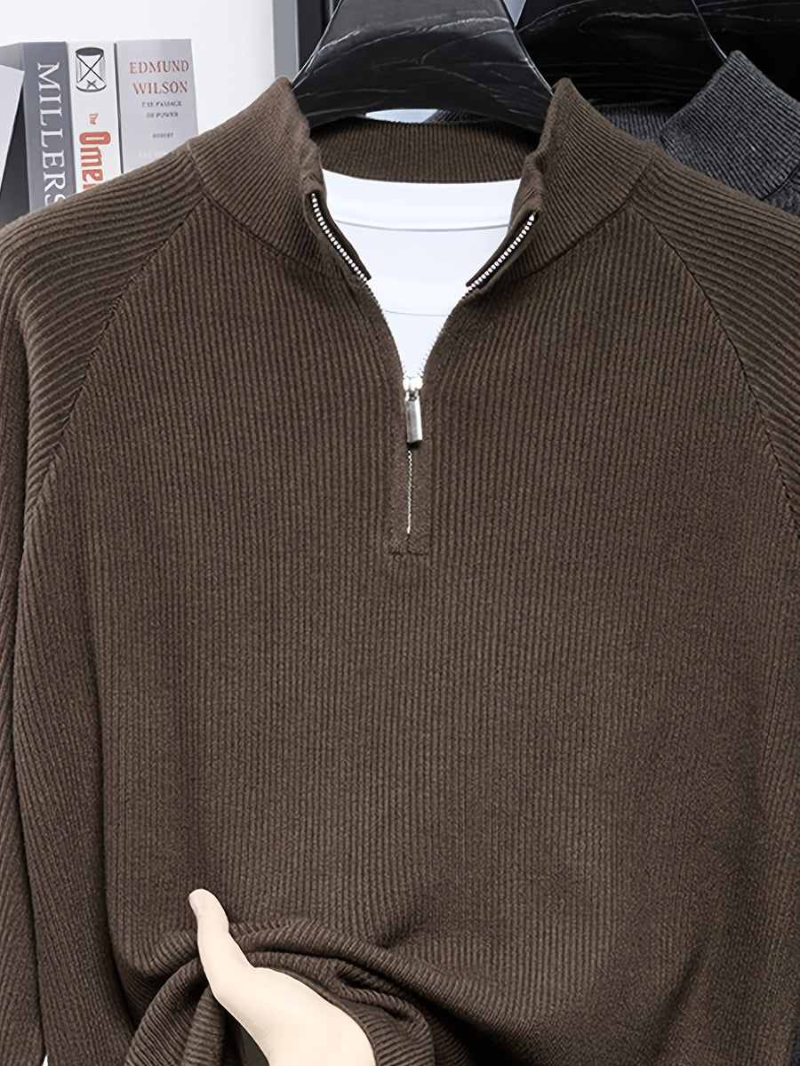 SINBOS Men's Half-Zip Stand Collar Sweater - Low-Saturation Earth Tones, Soft Ribbed Knit Zippered Cardigan, Stand Collar & Half-Zip Front Suitable for Business Casual & Minimalist Winter Wear, Autumn Winter Layering Piece - Coffee Color