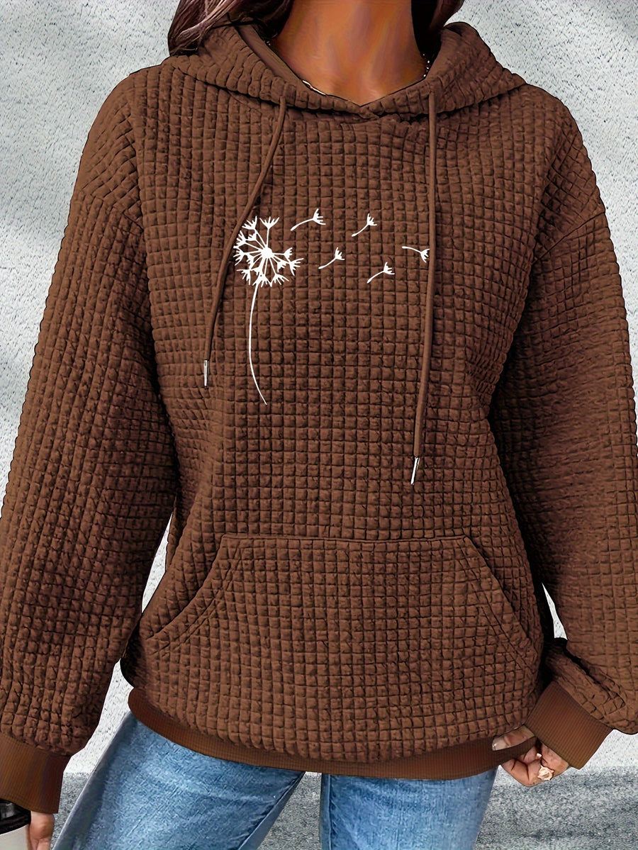 Valentine's Day 2026 New Summer Promotion Fashionable, Commuting, Daily Outfit, Casual Yet Appropriate, Elegant, People, Waffle Women's Drawstring Hooded Sweatshirt Casual Loose Printed Sweatshirt - Dark Brown