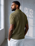 Men's Mature Business Style Knit Polo Shirt, 100% Pure Fabric, Breathable and Skin-friendly. Honeycomb Texture Jacquard Design, Simple Solid Color, Paired with a Three-button Lapel Collar, Clean Cut for a Flattering Fit. Suitable for Summer Commuting - Gray Green