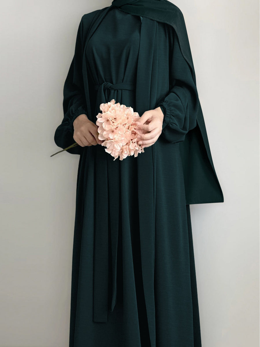 New Middle Eastern Dubai 3pcs Abaya Set - Women'S Traditional Belted Waist Dress with Cardigan And for Ramadan - Dark Cyan