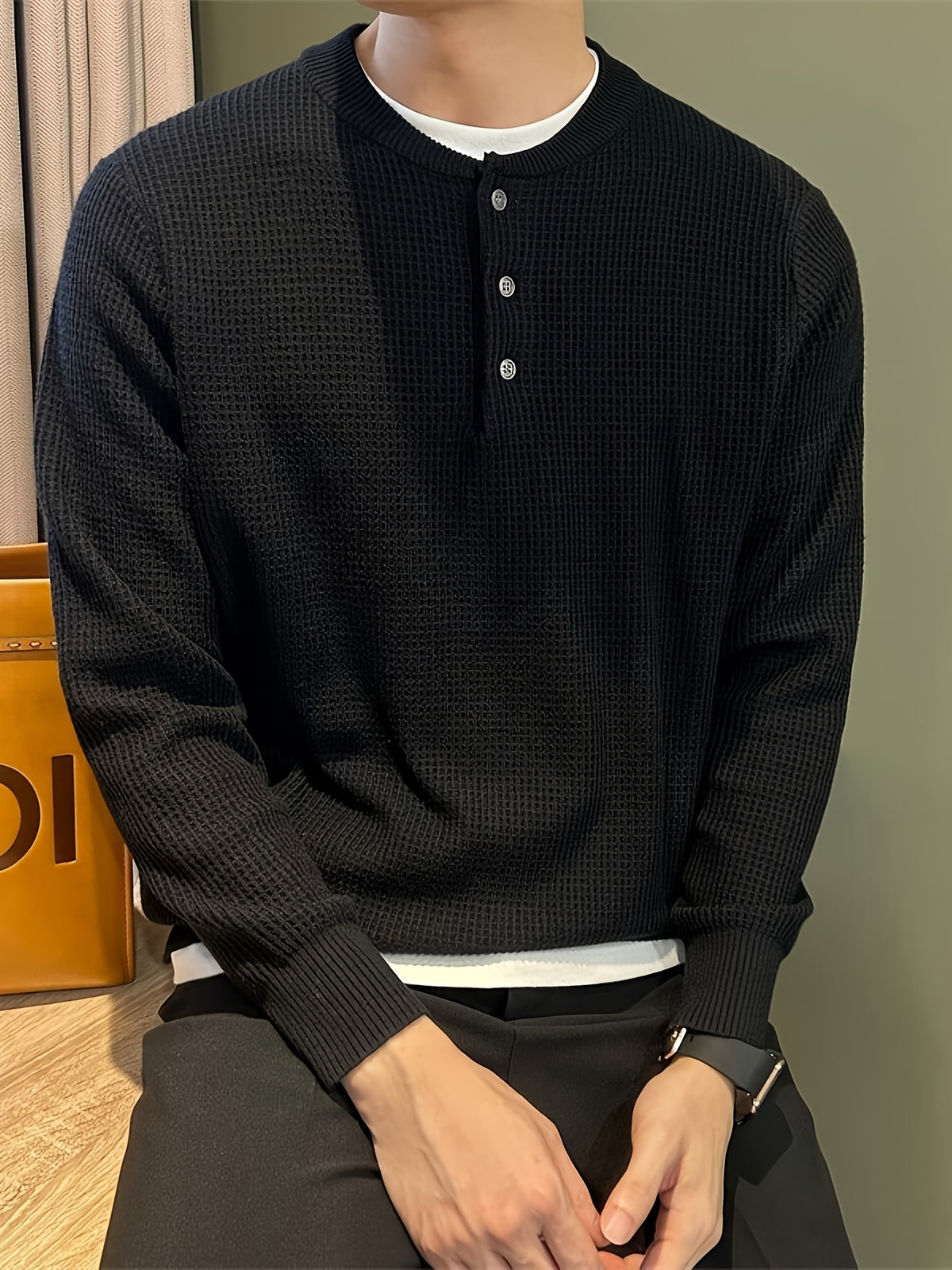 Waffle Knit Soft and Skin-Friendly Lazy Style Men's Henley Neck Pullover Base Layer Sweater - Athens Black