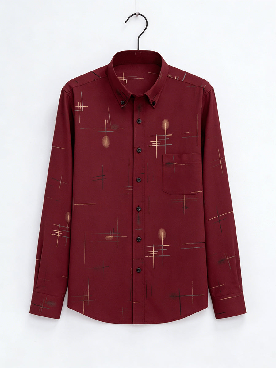 Men'S Long-Sleeve Shirt with Bronzing Print, Business Casual Wrinkle-Resistant Shirt, Light Luxury Versatile Top for Middle-Aged And Young Men - Burgundy