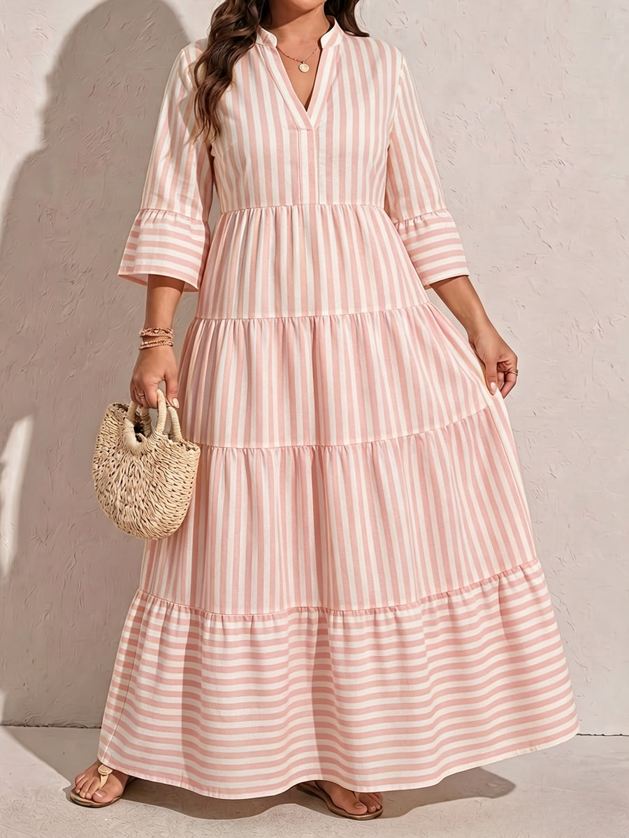 Plus Size Women'S Stand Collar V-Neck Layered Cake Dress, Yellow White Pinstripe Gentle Style Dress, Suitable for Vacation Outings, Fresh Casual Style, Fine Vertical Stripes Pattern, Women'S Clothing, Women'S Dress, Pastoral Vacation Style - Pink Color