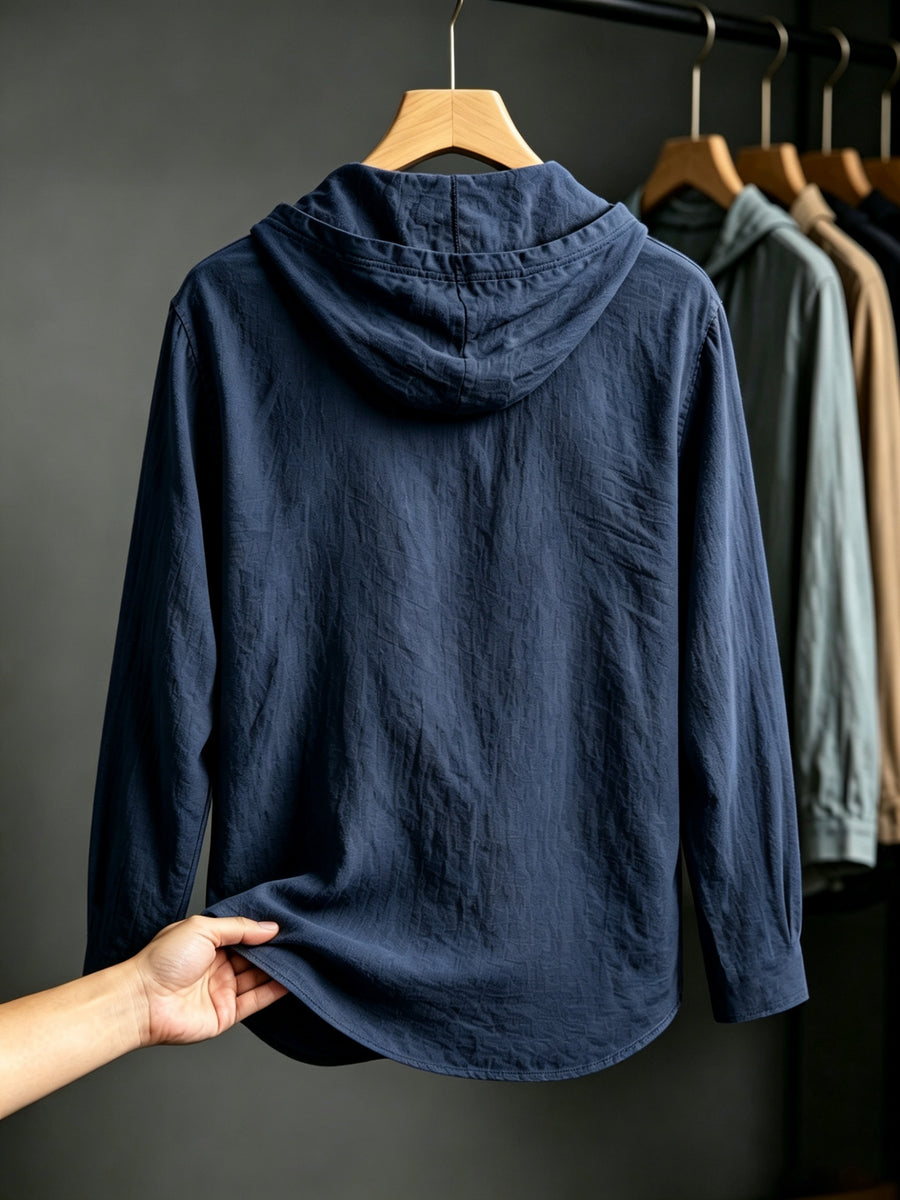 2pcs Men'S Linen-Like Hooded Henley Long Sleeve Sweatshirt Set, Breathable Thin Solid Color Half-Open Placket Casual Pullover Henley Shirt, Soft Comfortable Textured Fabric Fresh And Non-Stuffy, Loose Slimming Versatile Fit - 2pcs【Navy Blue+White】