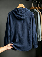 2pcs Men'S Linen-Like Hooded Henley Long Sleeve Sweatshirt Set, Breathable Thin Solid Color Half-Open Placket Casual Pullover Henley Shirt, Soft Comfortable Textured Fabric Fresh And Non-Stuffy, Loose Slimming Versatile Fit - 2pcs【Navy Blue+White】