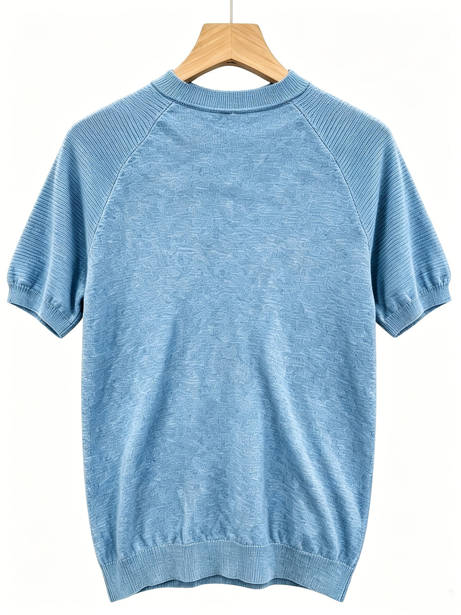 2026 Light Luxury Texture Men'S Off-Shoulder Knit Short Sleeve, Comfortable And Breathable Summer T-Shirt - Sky Blue