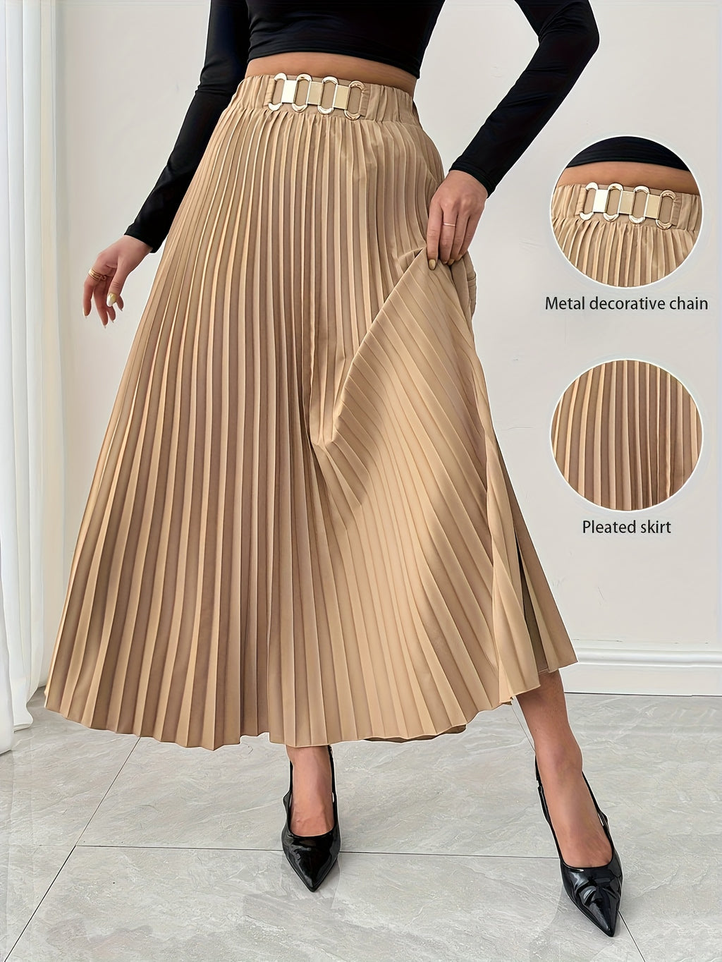 A New Autumn Product Is Unveiled, Featuring an Elegant Pleated Skirt for Women, Paired with Metal Chain Details. - Khaki