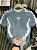 [Printed Design - Not Textured] New Fashion Men'S White Gray Color-Block Asymmetrical T-Shirt, Summer Breathable Skin-Friendly Casual Top, Daily Wear, Street Date, Sports, Loose Comfortable, All-Match Trendy Style, Unique Design - Mixed colors