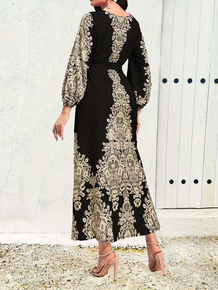 Vintage Graphic Print Belted Dress, Elegant Crew Neck Lantern Sleeve Dress For Spring & Fall, Women's Clothing - Black