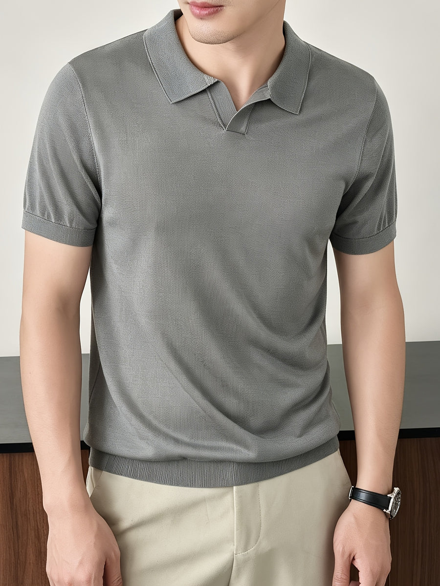 Maqiqi OBM New Spring/Summer Men's Knitted Pullover, Old Money Style Solid Color Clean Cut Half-Open Placket Scissor Collar Lapel Ribbed Knit Short Sleeve T-Shirt, Men's Casual Fashion Thin Breathable Pullover Sweater Knit Base Layer Top - Grey 1