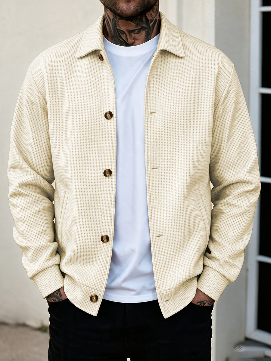 Men's Waffle Check Lapel Shirt-Style Jacket, Lightly Mature Minimalist Style, Checkered Waffle Fabric, Single-Breasted Closure, Side Seam Pockets, Versatile Casual Top Jacket for Men's Spring/Autumn Shopping and Dating Winter Clothes for Men - Khaki