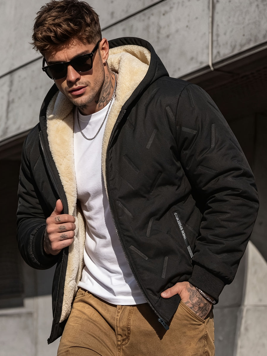 CWPKF Men's Winter Hooded Windproof Jacket with Padded & Zippered Pockets - Thickened Warm Coat Suitable for Weather, Machine Washable Hooded Outerwear for Daily Commute, Outdoor Activities, Gift Choice (Regular Fit) - Black