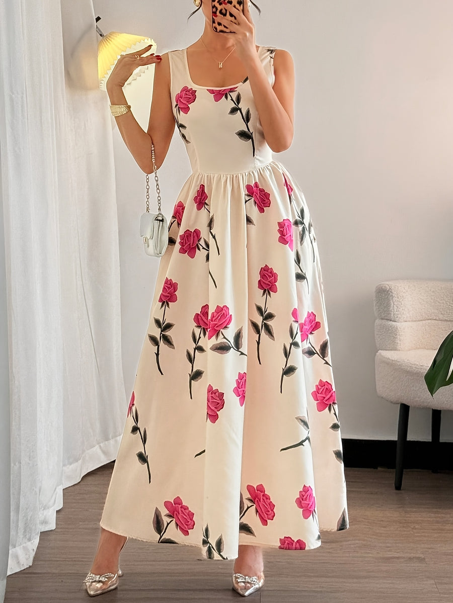 Floral Printed Square Collar Sleeveless Summer Elegant Dress - Red