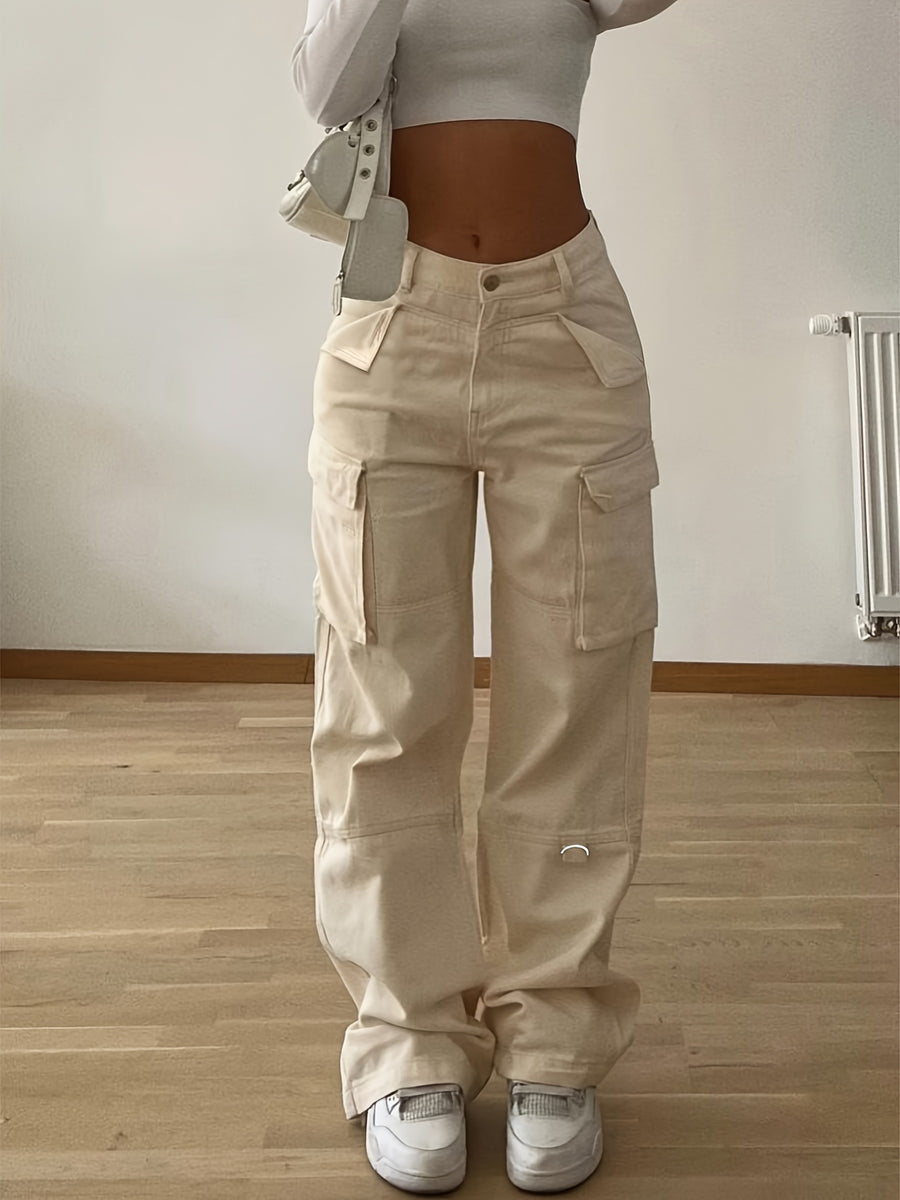 Designer Cargo Pants with Flap Pockets, Women's Elegant Casual Solid-color Trousers, Women's Pants - Apricot