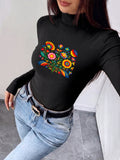 Women'S Autumn Winter New Style Semi-High Neck Fitted Top, Can Be Worn Inside Or Outside, Elastic Fabric, Soft And Skin-Friendly Warm, Easy Waist-Cinching Cut, Casual All-Match "Perfect Floral Design with Colorful Flowers And Inspirational Quote" - Black
