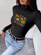 Women'S Autumn Winter New Style Semi-High Neck Fitted Top, Can Be Worn Inside Or Outside, Elastic Fabric, Soft And Skin-Friendly Warm, Easy Waist-Cinching Cut, Casual All-Match "Perfect Floral Design with Colorful Flowers And Inspirational Quote" - Black